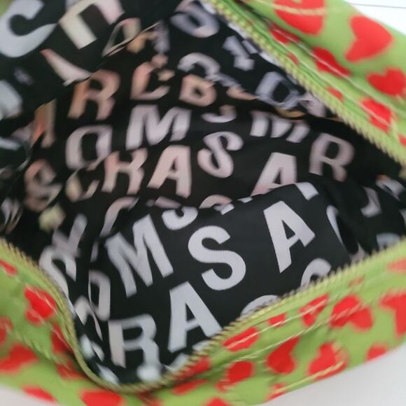 Marc Jacobs Work Supply Cosmetic Pouch Bag Medium Green Red Hearts Zip Nylon - Picture 3 of 10